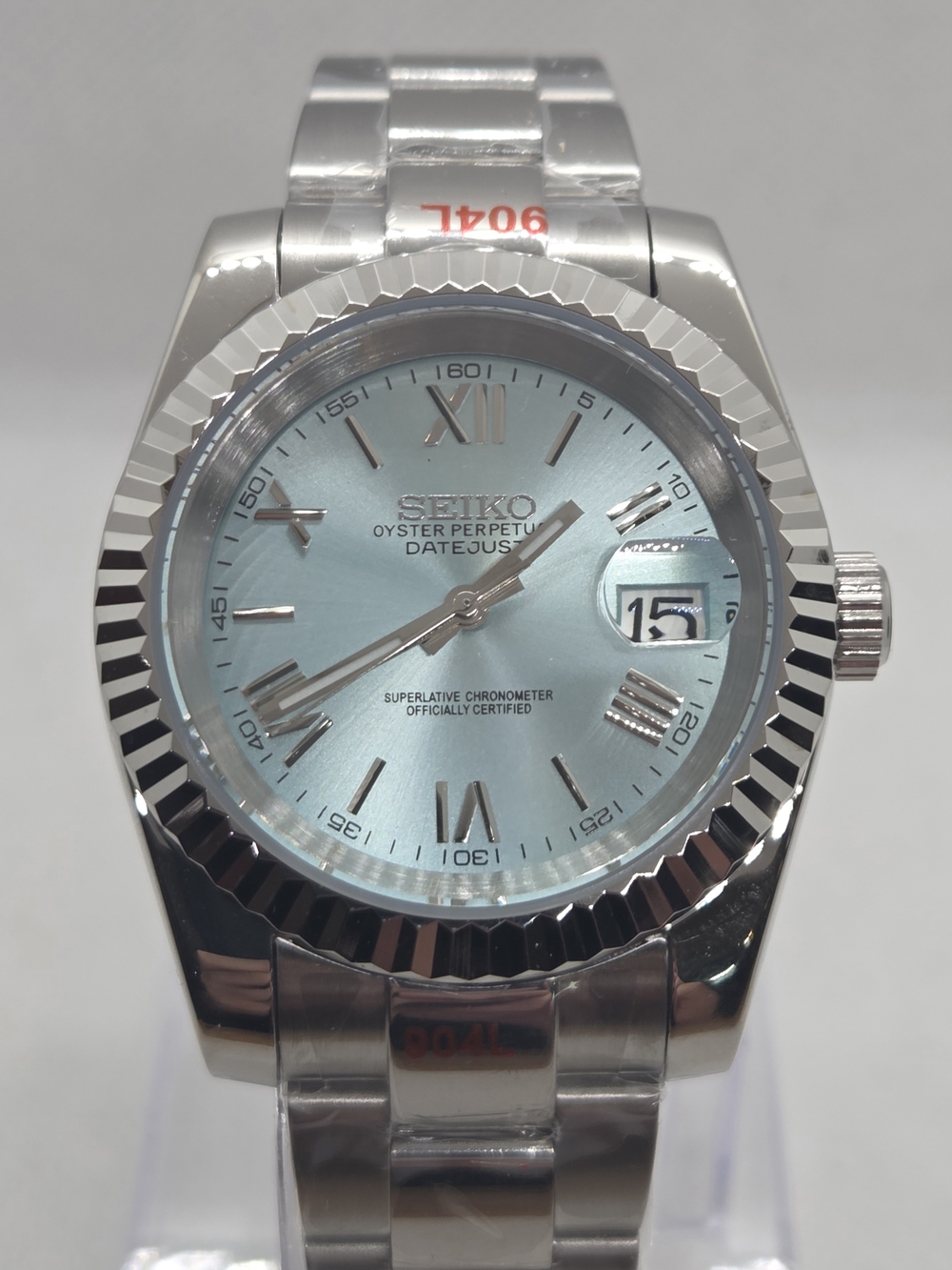 Custom 39mm Automatic Seiko Mod Watch Stainless Steel Datejust Ice Blue Dial